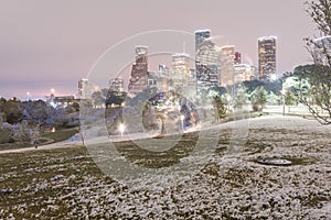 Unusual snow in Downtown Houston and snowfall at Eleanor Park