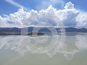 Unusual soda lake and its reflections in Burdur geography