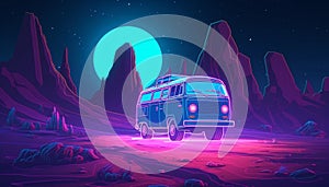 Unusual space travel concept, vintage van in neon light on an unknown planet of the night starry sky background