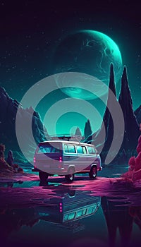 Unusual space travel concept, vintage van in neon light on an unknown planet of the night starry sky background