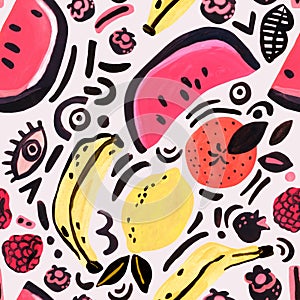 Unusual trendy background with watermelon, banana, orange, lemon, berries pop art doodles