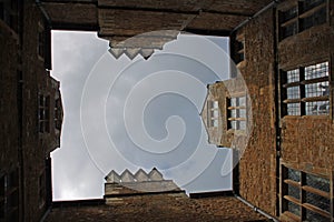 Unusual view of country house courtyard, cotswolds