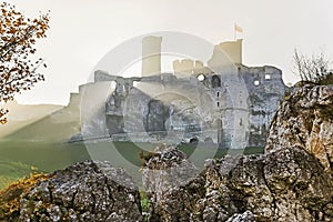 Unusual view of Ogrodzieniec castle. Courtyard. Poland