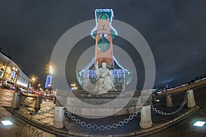 Unusual view of the Rostral column on the spit of Vasilevsky.