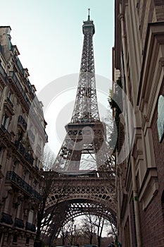 Unusual view to Eiffel tower. Early spring in Paris. The city of love and romance. Sightseing photo