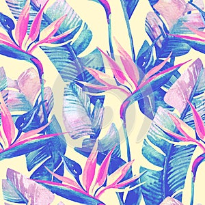 Exotic flowers, leaves in retro vanilla colors on pastel background.