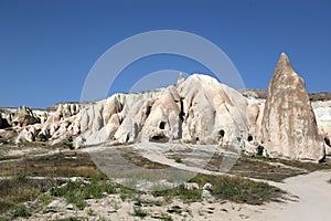 Unusually shaped volcanic rocks in the Pink Valley near the village of Goreme in the Cappadocia region