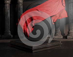 Unveil Red Cloth Cover From Round Black Stone Classic Colums Pillars. Empty Space Mockup Template 3D Rendering