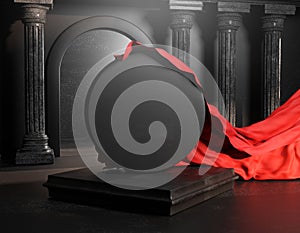 Unveil Red Cloth Cover From Round Black Stone Classic Colums Pillars. Empty Space Mockup Template 3D Rendering