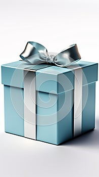 Unveiled blue gift box, elegant white bow, isolated against pristine white background.