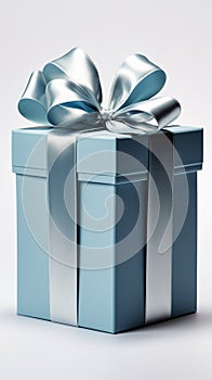 Unveiled blue gift box, elegant white bow, isolated against pristine white background.