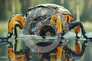 Stunningly Detailed Macro Photography of a Robotic Inspired Insect on a Reflective Surface in a Natural Background Setting photo