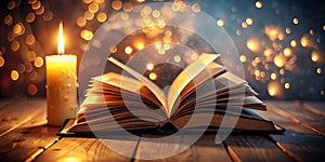 Unveiling a Realm of Enchantment A Glowing Candle Illuminates an Open Magic Book Inspiring Tales of Mystery and photo