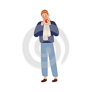 Unwell male suffering toothache vector flat illustration. Colorful man with painful face expression having tooth problem