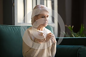 Unwell mature woman feel sick suffer from high temperature