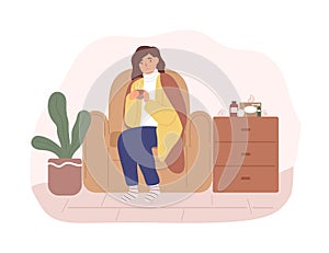 Unwell woman sitting on armchair covering plaid having influenza symptoms vector flat illustration. Sickness female
