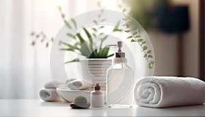 Unwind and Rejuvenate, Spa Setting with Soft White Towels, Essential Oils, Flowers, Candles, and Relaxation Stones. Generative AI