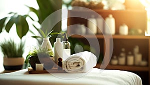 Unwind and Rejuvenate, Spa Setting with Soft White Towels, Essential Oils, Flowers, Candles, and Relaxation Stones. Generative AI