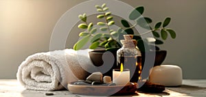 Unwind and Rejuvenate, Spa Setting with Soft White Towels, Essential Oils, Flowers, Candles, and Relaxation Stones. Generative AI