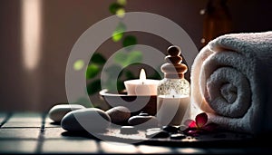 Unwind and Rejuvenate, Spa Setting with Soft White Towels, Essential Oils, Flowers, Candles, and Relaxation Stones. Generative AI