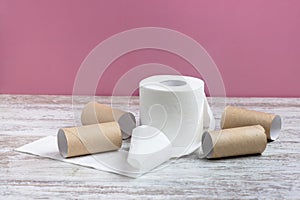 Unwound roll of soft white toilet paper among empty toilet paper rolls