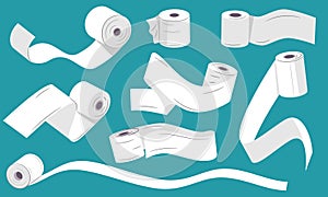 Unwound toilet paper. Tissue roll with ribbons, unrolled hand towel and paper napkin, flying bathroom paper napkin