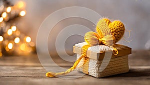 Caja de regalo amarillo tejida con corazÃ³n sobre mesa rÃºstica, photo