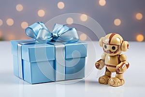 unwrapped gift box revealing a small toy robot
