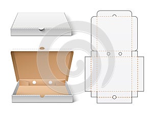 Unwrapped pizza box. Realistic 3d white cardboard fast food packaging mockup, open and closed view, container cutting