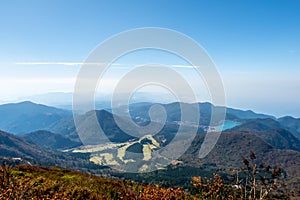 Unzen mountains and Unzen Amakusa National Park from Uznen Nita Pass hiking trail on Shimabara Peninsula, Nagasaki, Japan. photo