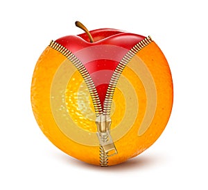 Unzipped orange with red apple. Fruit and diet aga