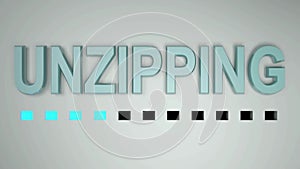 UNZIPPING blue write on whit background with red dotted progression bar - 3D rendering video clip