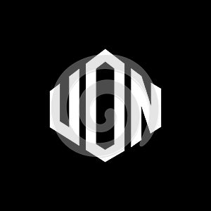 UON letter logo design with polygon shape. UON polygon and cube shape logo design. UON hexagon vector logo template white and