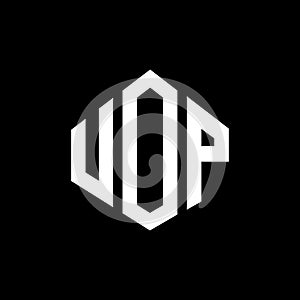 UOP letter logo design with polygon shape. UOP polygon and cube shape logo design. UOP hexagon vector logo template white and