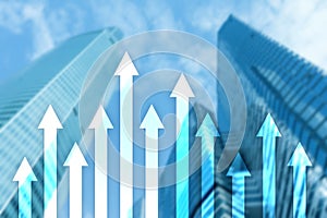 Up arrow graph on skyscraper background. Invesment and financial growth concept