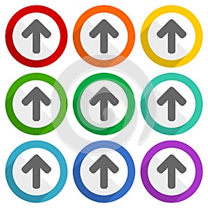 Up arrow, upload vector icons, set of colorful flat design buttons for webdesign and mobile applications