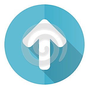 Up arrow vector icon, upload flat design blue round web button isolated on white background