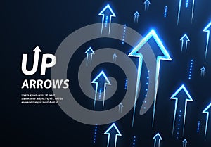 Up arrows on deep blue background space with one big arrow.