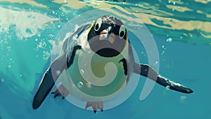 Up-close with a cheerful penguin swimming underwater. captivating marine life moment. ideal for nature-themed design