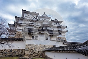 Up Close Himeji Castle With Cloudy Sky Background