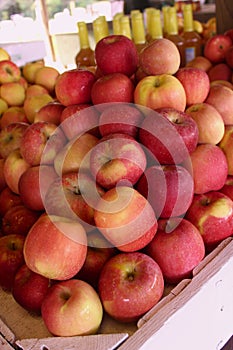 Up-close image of apples at a Farmer`s Market