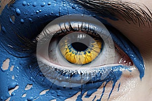 Up-close image of a female eye covered in yellow-blue paint, serving as a representation of the issues confronting Ukrainians and