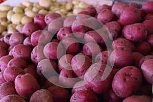 Up-close image of red potatoes at a Farmer`s Market