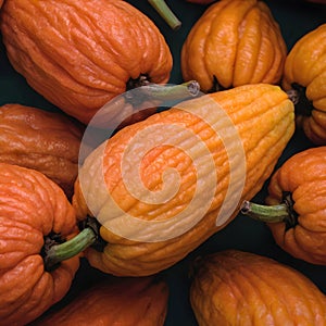 An up-close look at a group of ripe vivid Papaw with intricate, textured details. photo