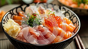 Up-close look at a sashimi bowl featuring fresh salmon, tuna, and roe