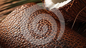 An up-close shot of Coconut Leather, showcasing its rugged, fibrous texture and warm, nutty color, with a half of a