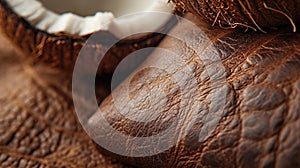 An up-close shot of Coconut Leather, showcasing its rugged, fibrous texture and warm, nutty color, with a half of a