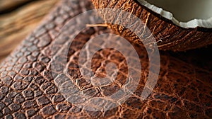 An up-close shot of Coconut Leather, showcasing its rugged, fibrous texture and warm, nutty color, with a half of a