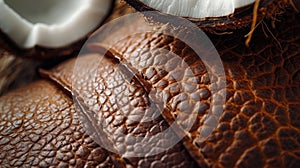 An up-close shot of Coconut Leather, showcasing its rugged, fibrous texture and warm, nutty color, with a half of a