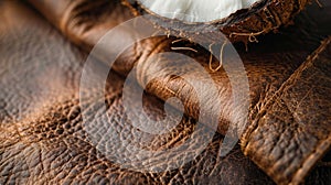 An up-close shot of Coconut Leather, showcasing its rugged, fibrous texture and warm, nutty color, with a half of a